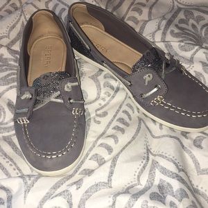 Grey sperrys with silver sparkles